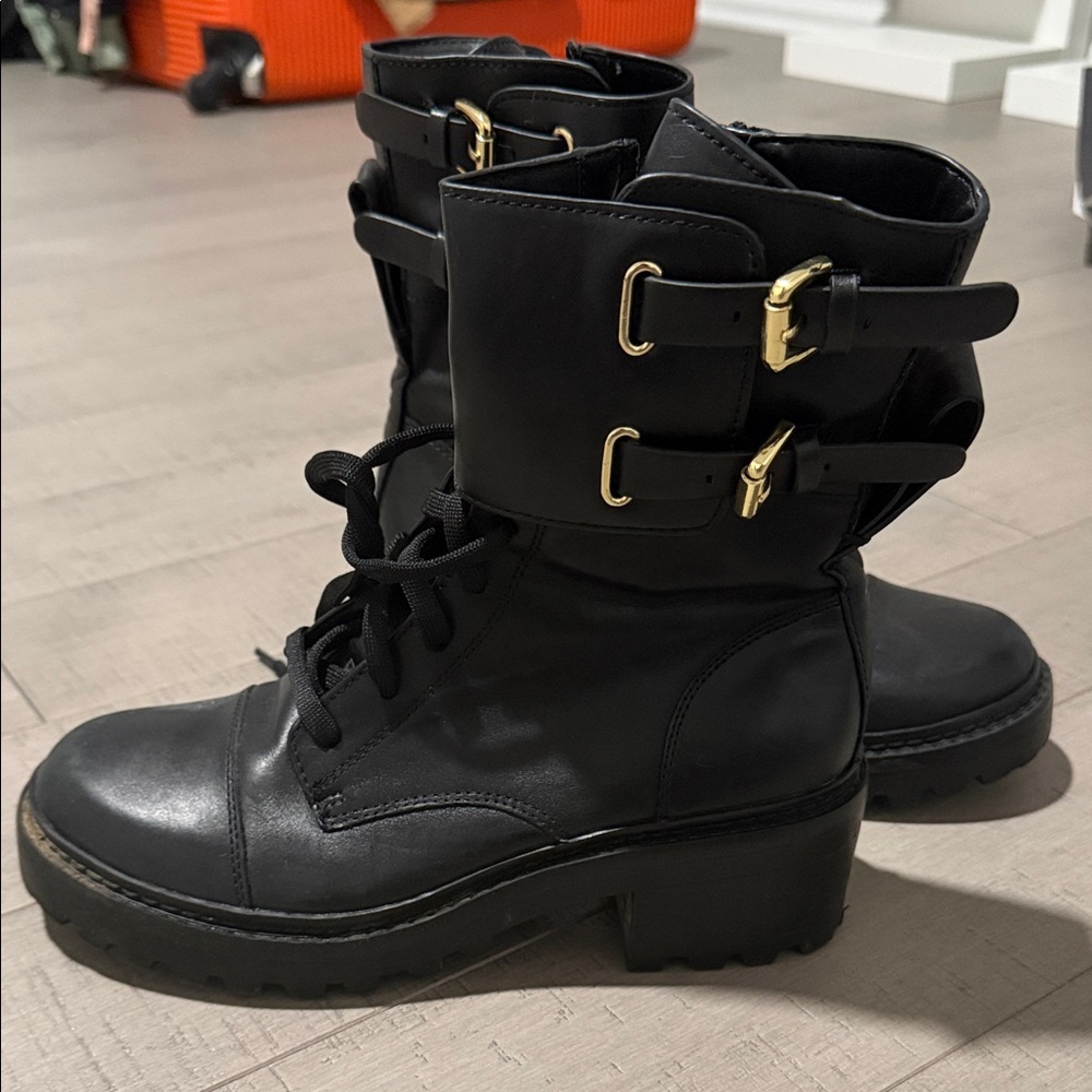 DKNY Black Combat Boots with Gold Buckle Accents